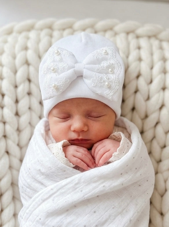 Lace Floral Hospital Hat- White - Ella Marina Baby