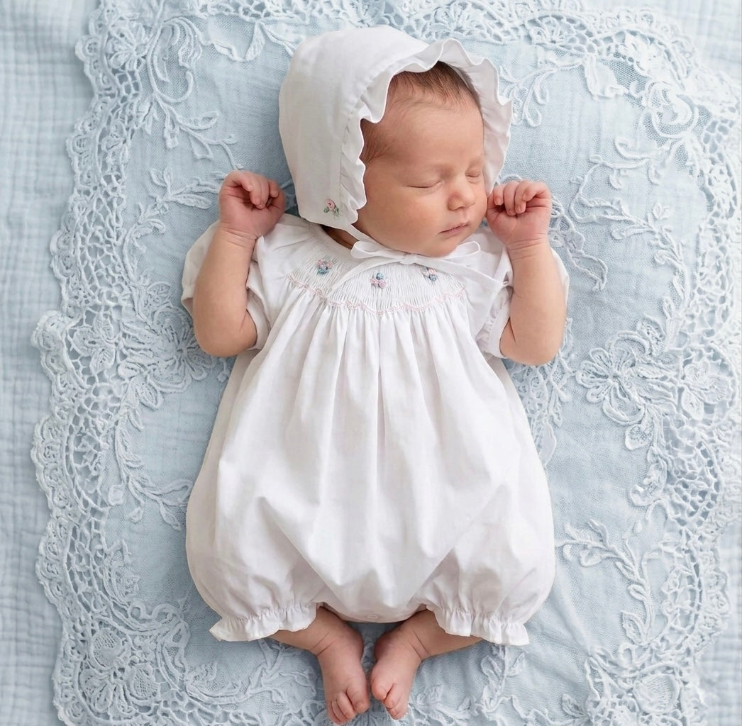 White Floral Smocked Bubble Ella Marina Baby White Floral Smocked Bubble Ella Marina Baby