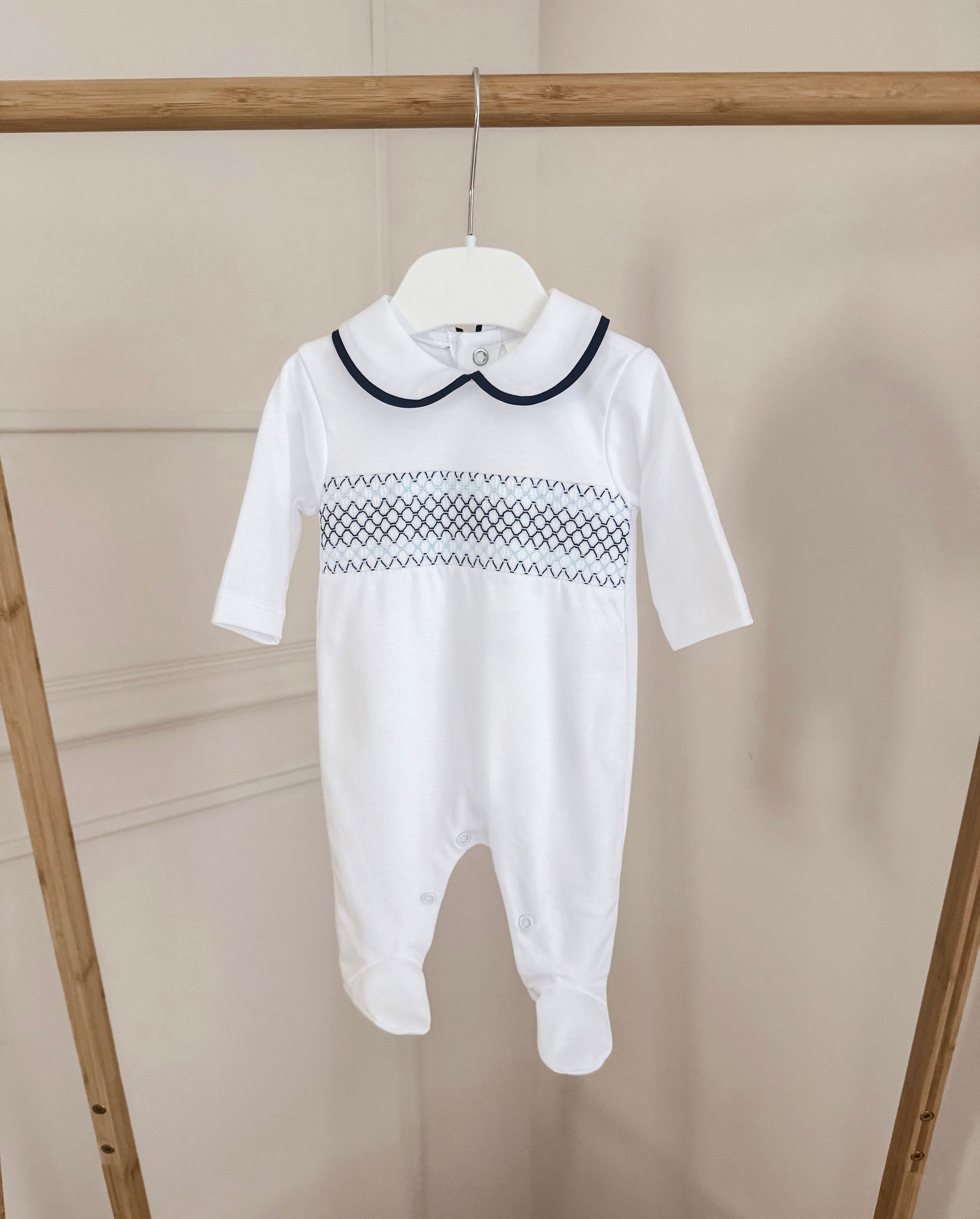 Smocked White and Blue Sleepsuit