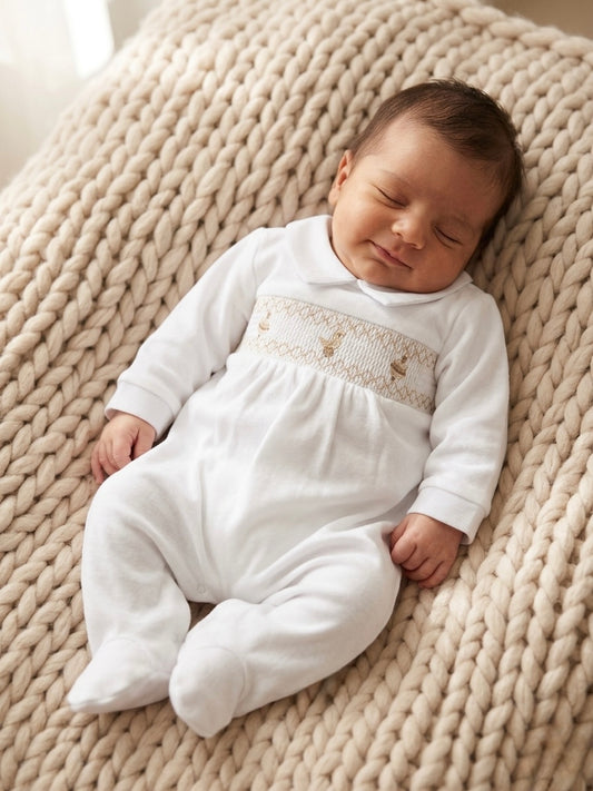 Smocked Classic Toys Sleepsuit - White - Ella Marina Baby