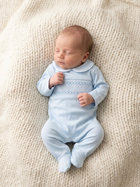 Smocked Pale Blue Sleepsuit - Ella Marina Baby