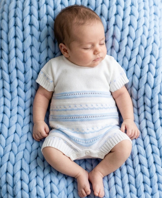 Blue and White Knitted Romper - Ella Marina Baby