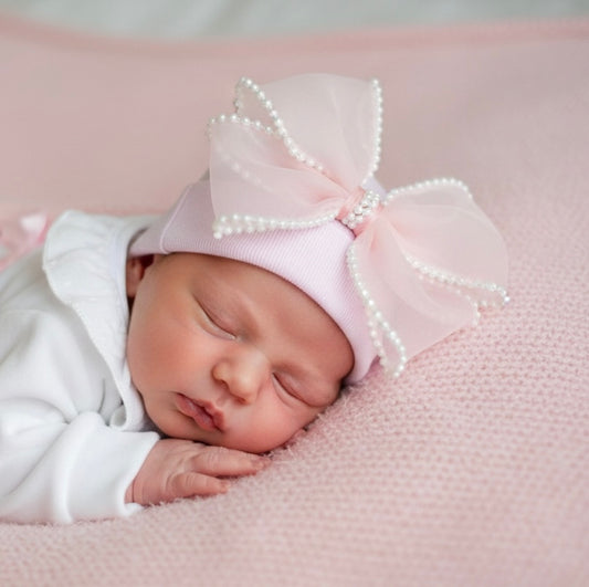 Pink Pearl Bow Hospital Hat - Ella Marina Baby