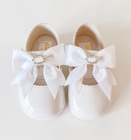 Diamante Bow Hard Sole Shoe - White - Ella Marina Baby