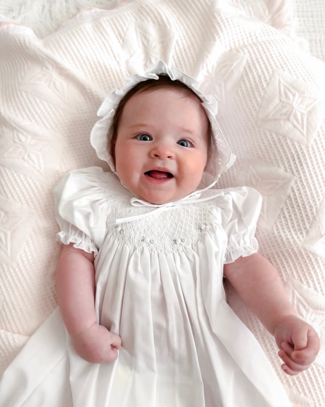 White Floral Smocked Dress + Bonnet