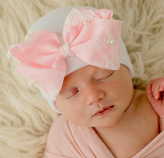 Pink Lace Bow Hospital Hat