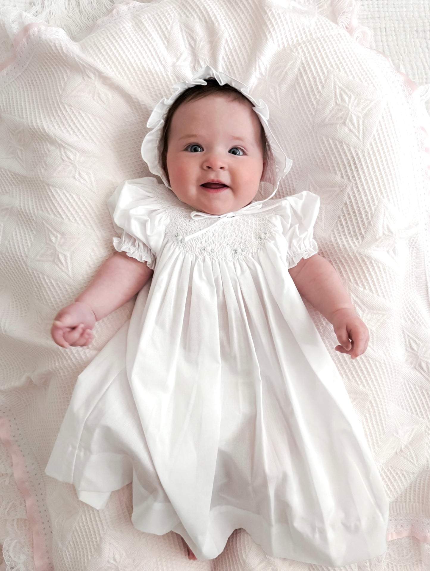 White Floral Smocked Dress + Bonnet