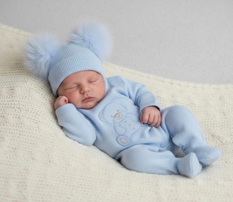 Teddy Bear Knit Romper - Blue