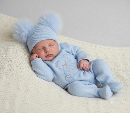 Teddy Bear Knit Romper - Blue