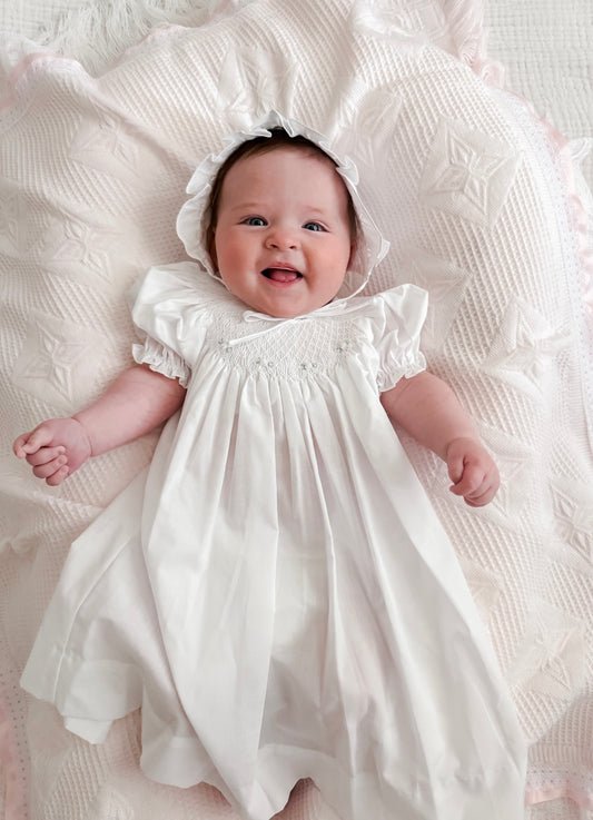 White Floral Smocked Dress + Bonnet