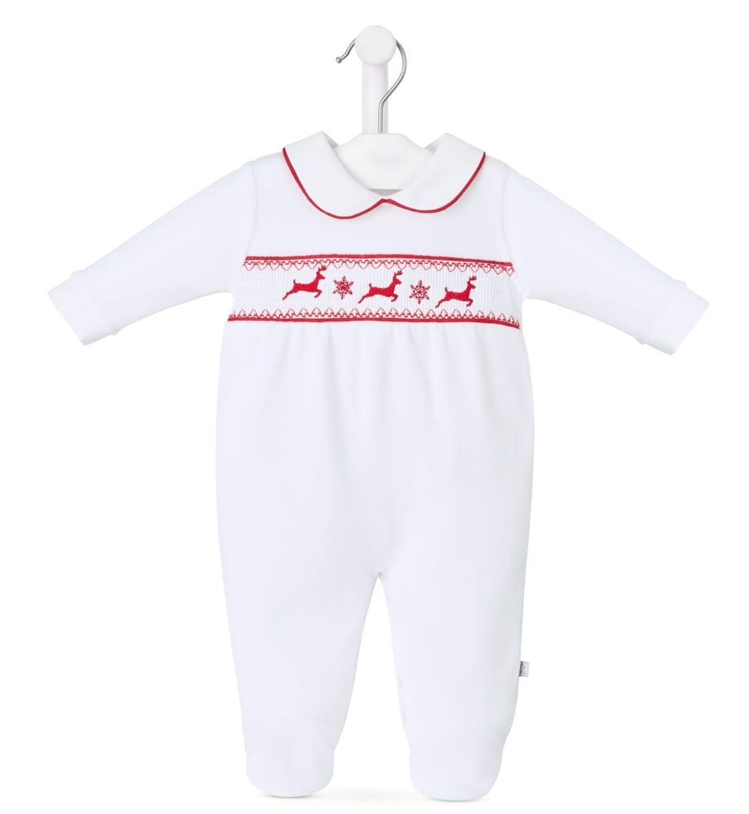 Smocked White Reindeer Sleepsuit - Ella Marina Baby