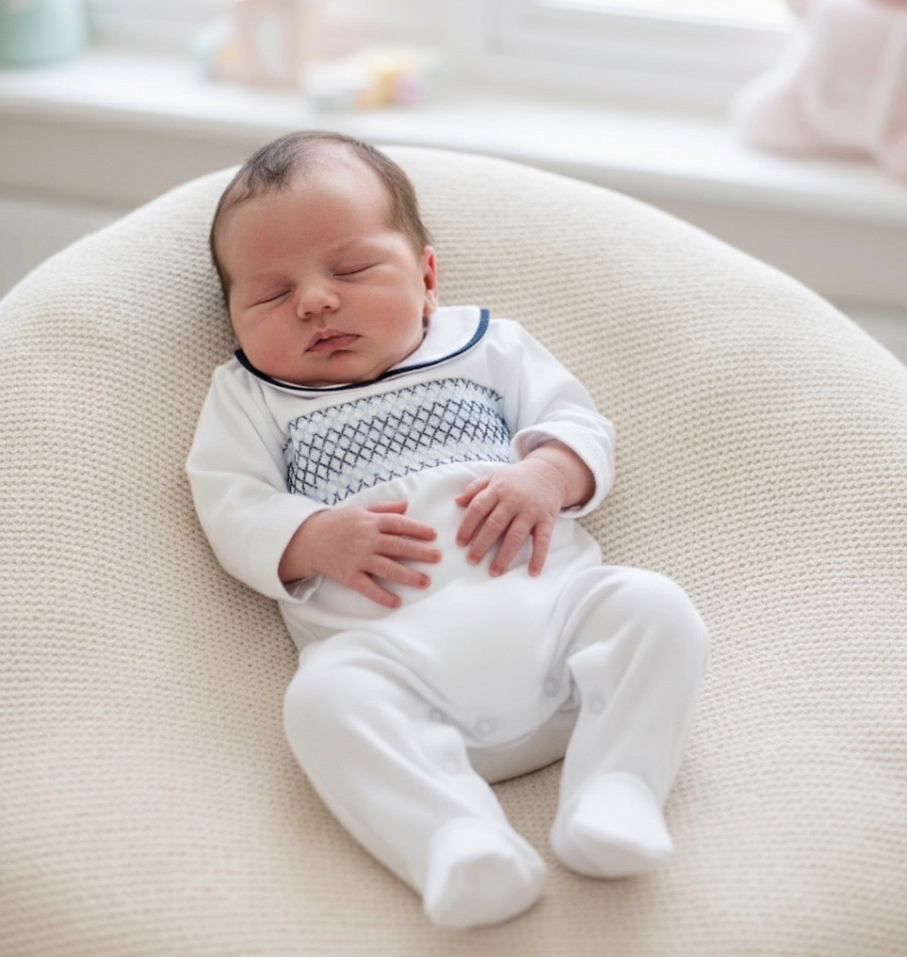 Smocked White and Blue Sleepsuit