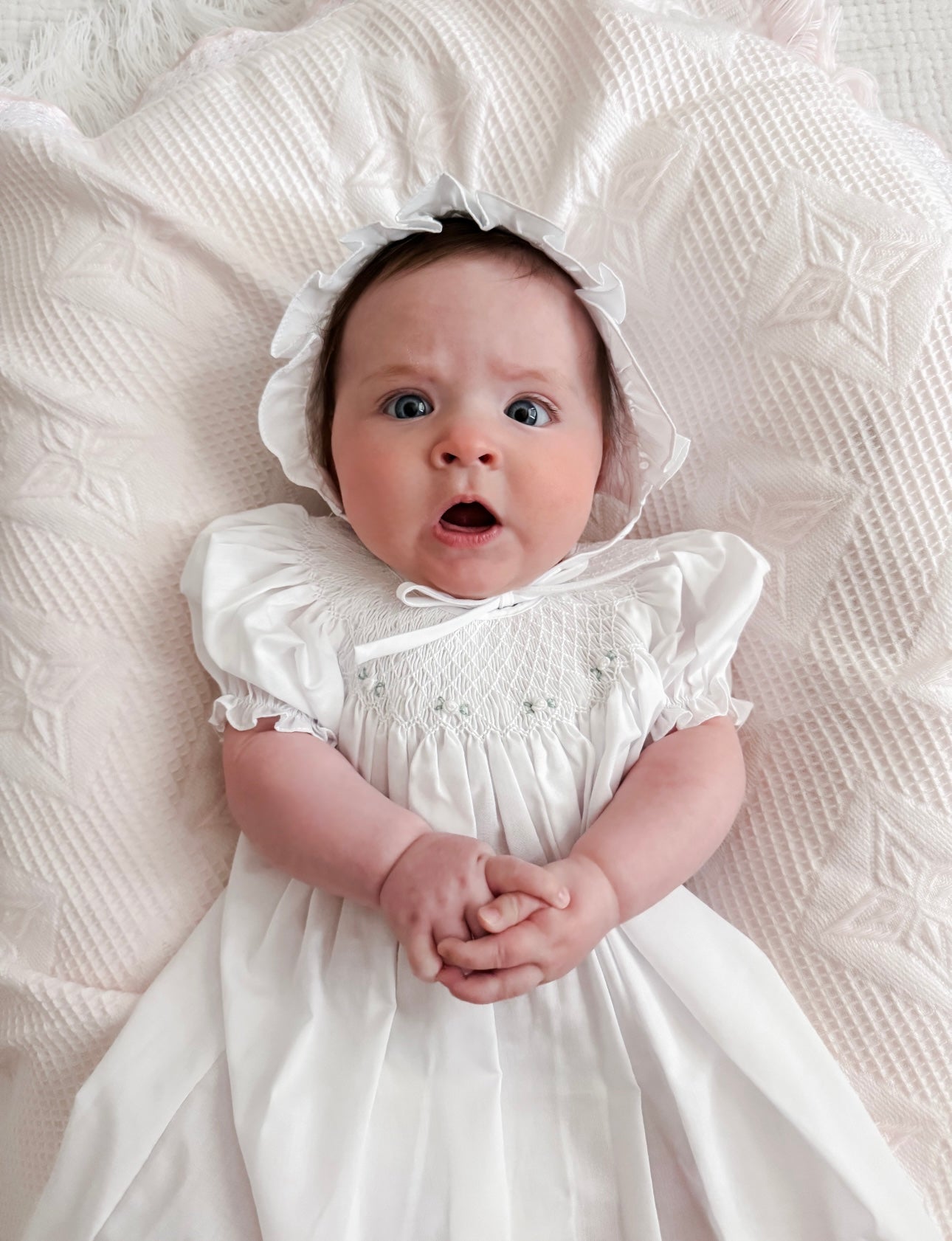 White Floral Smocked Dress + Bonnet