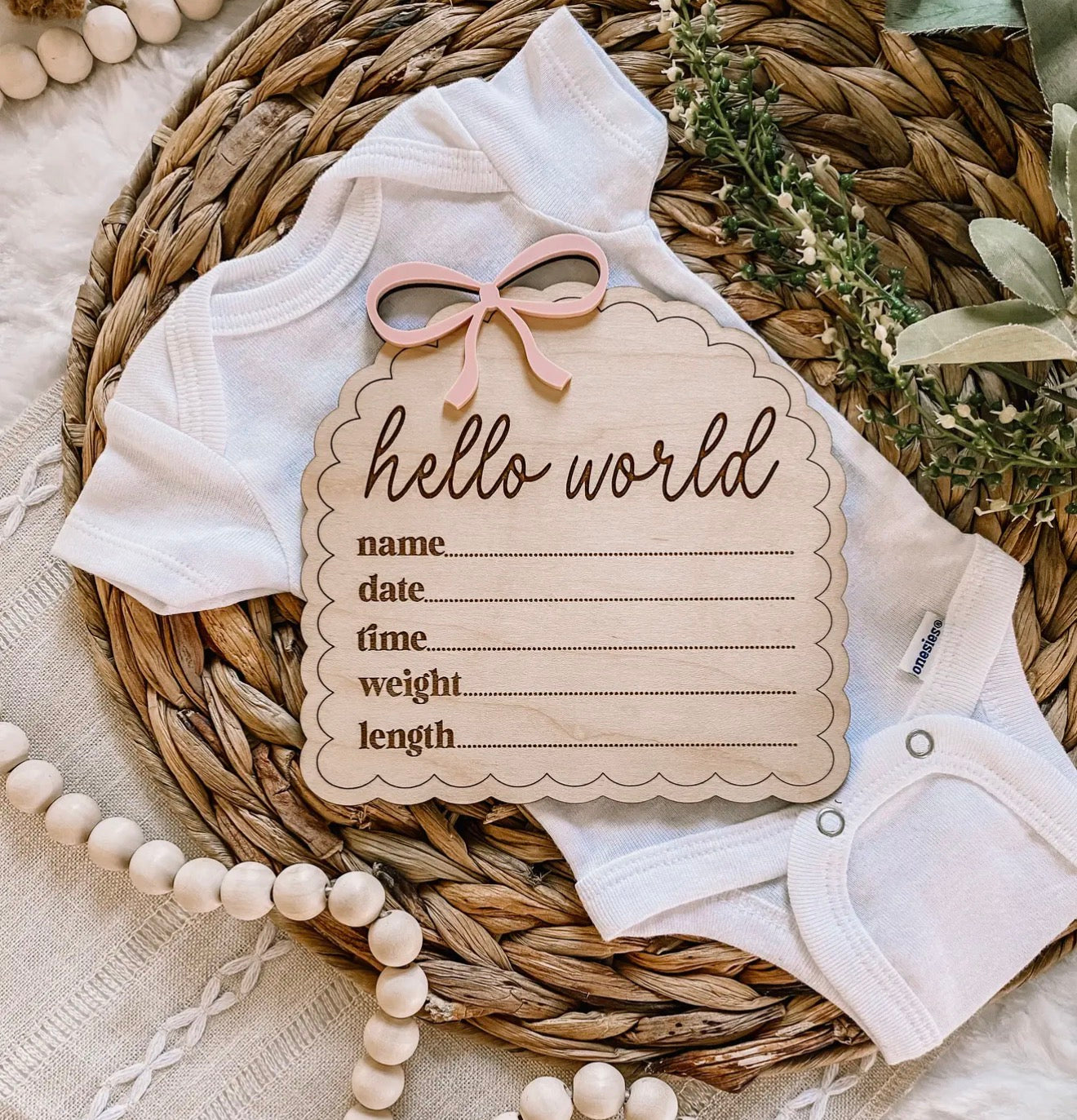 Hello World Birth Stat Sign - Dainty Bow