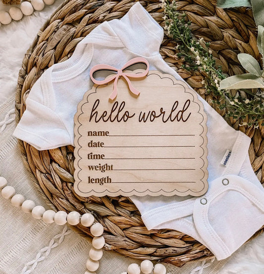 Hello World Birth Stat Sign - Dainty Bow