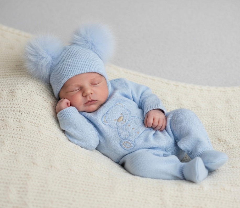 Teddy Bear Knit Romper - Blue