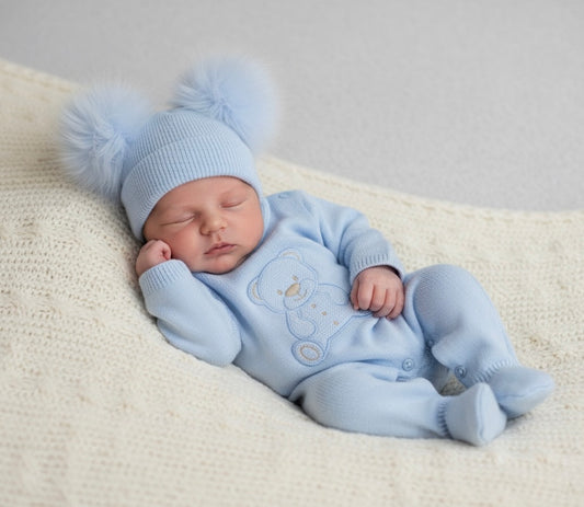Teddy Bear Knit Romper - Blue