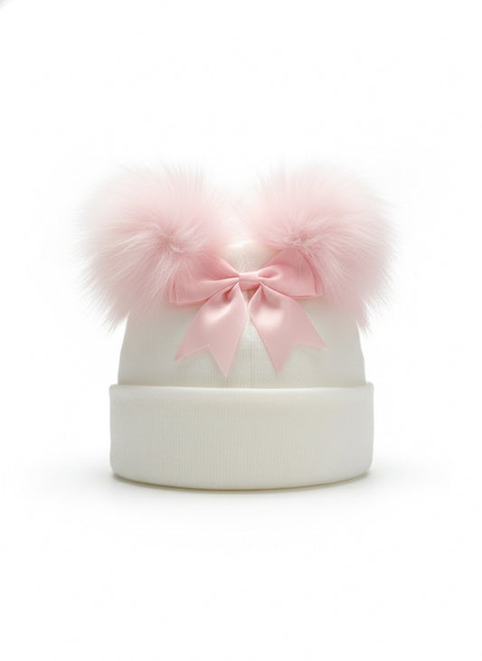 Toddler White and Pink Bow Hat